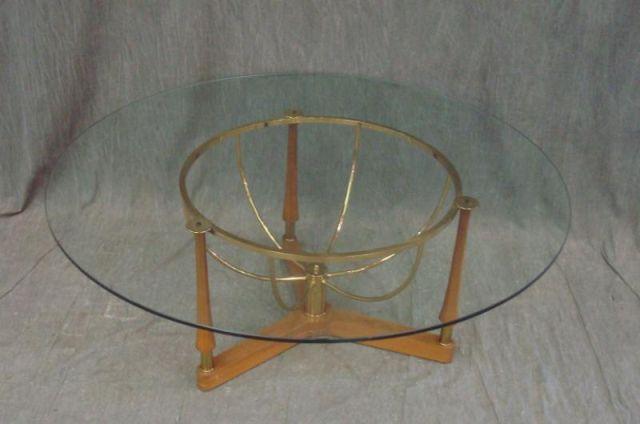 Appraisal: Midcentury Brass Wood Round Coffee Table From a Long Island