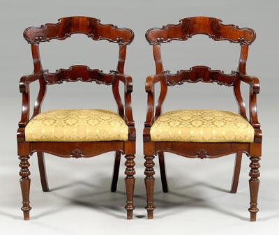 Appraisal: Pair classical open armchairs figured mahogany veneers yellow silk upholstered