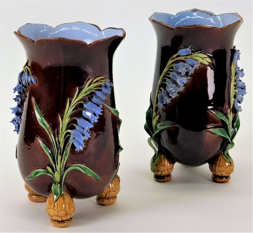 Appraisal: PR Minton Majolica Aesthetic Tripod Flower Vases England Early th