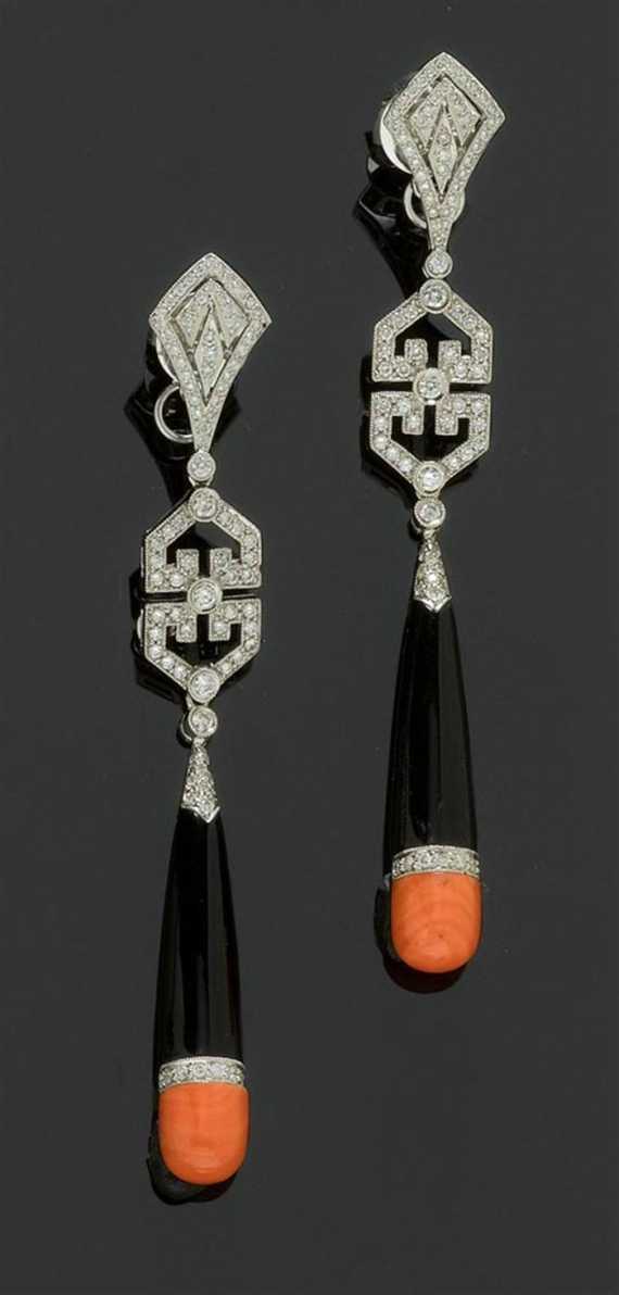 Appraisal: ONYX CORAL AND BRILLIANT-CUT DIAMOND PENDANT EARRINGS White gold Decorative