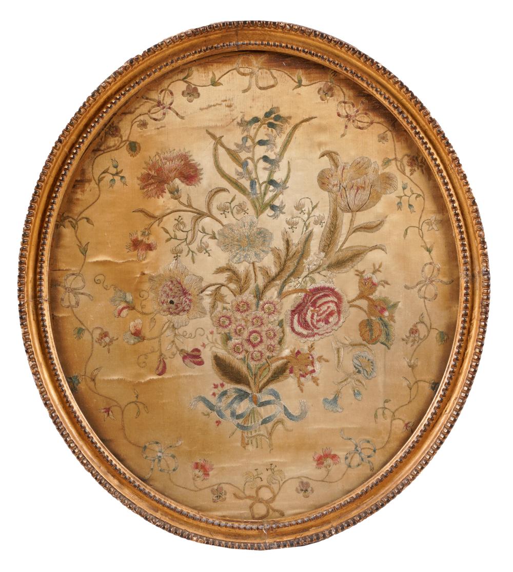 Appraisal: ANTIQUE EMBROIDERY PANELworked on silk framed under acrylic Provenance The