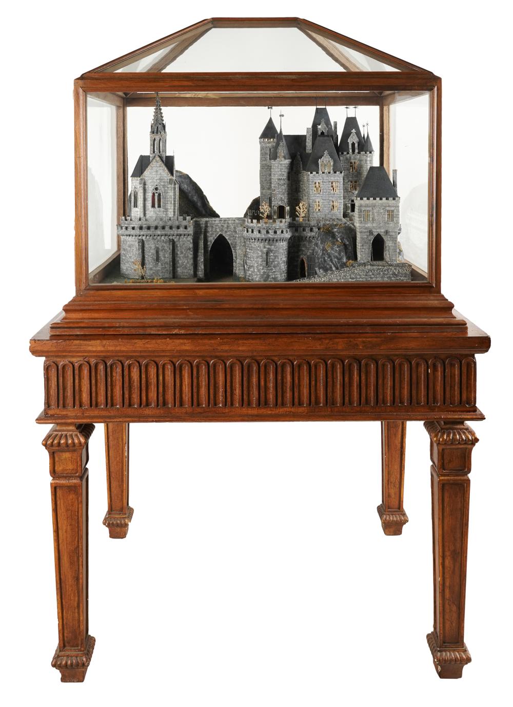 Appraisal: SCALE MODEL OF EUROPEAN CASTLE IN CUSTOM CASEthe walnut and