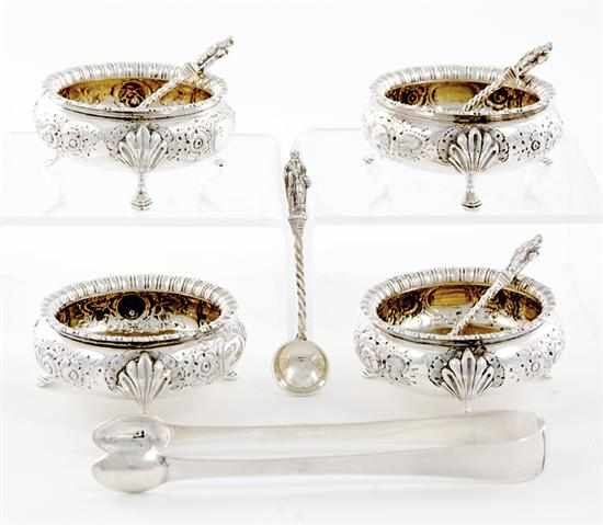 Appraisal: Victorian sterling salt cellars and sugar nips London Sheffield dated