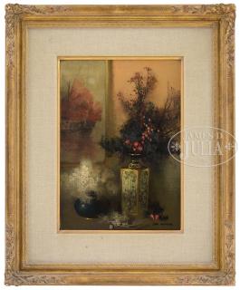 Appraisal: TOM NICHOLAS American - SATSUMI AND DRIED FLOWERS Oil on