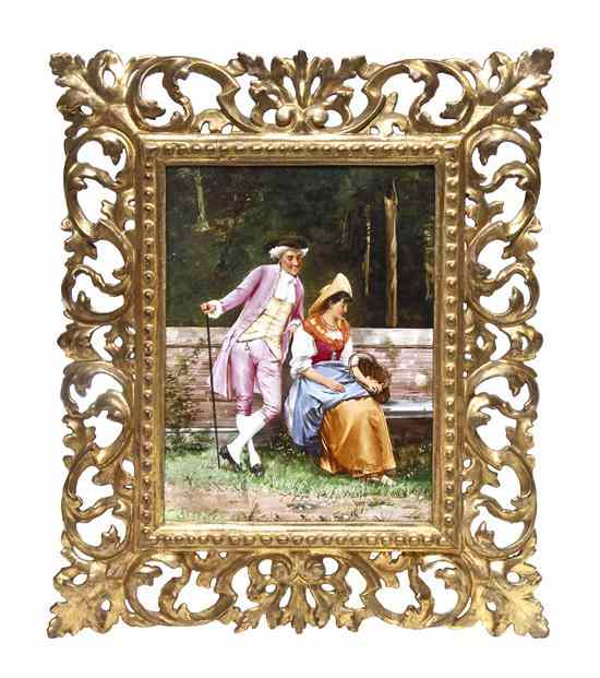 Appraisal: A Continental Painted Porcelain Plaque depicting a courting couple in