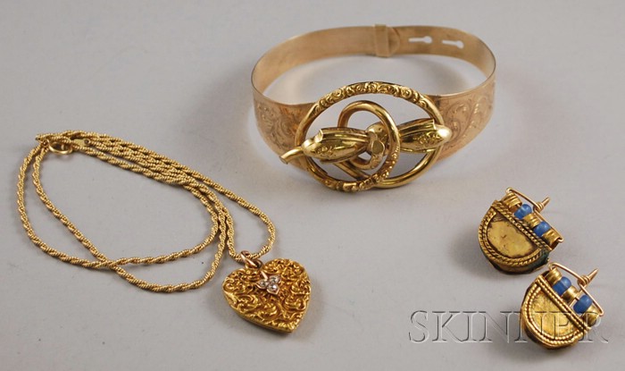 Appraisal: Three Gold Jewelry Items a gold and diamond heart-shaped locket