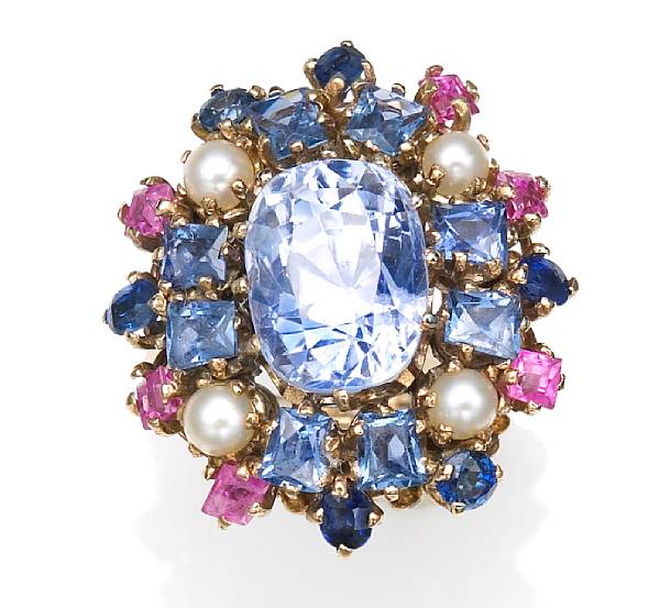 Appraisal: A sapphire pink sapphire and cultured pearl cluster ring central