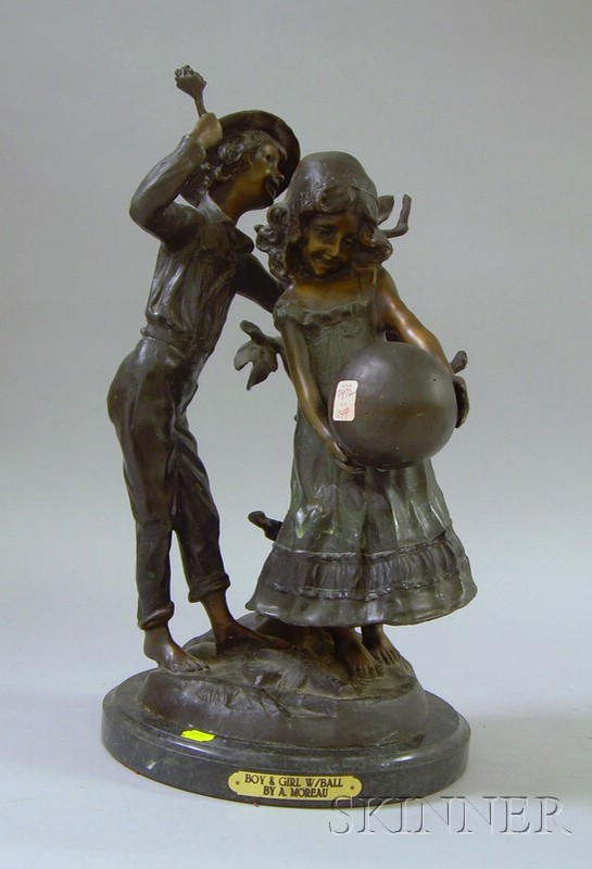 Appraisal: Patinated Bronze Sculpture Boy Girl with Ball after Auguste Moreau