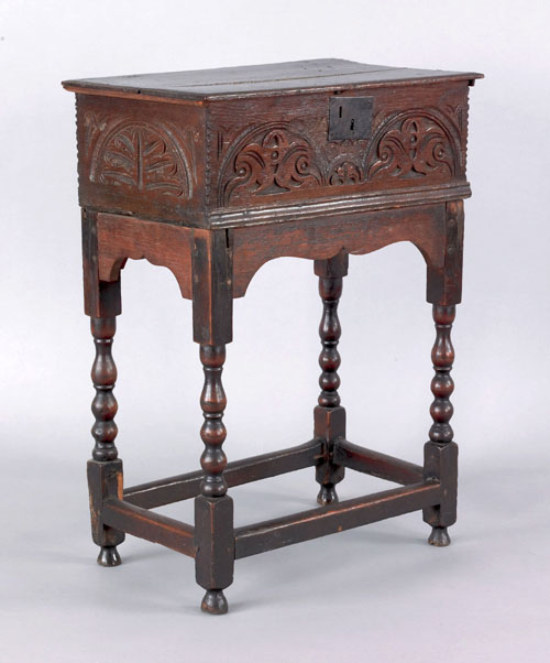 Appraisal: Jacobean carved oak Bible box on stand late th c