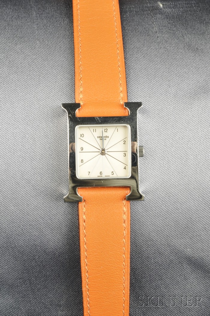 Appraisal: Stainless Steel H-our Wristwatch Hermes the silver dial with Arabic