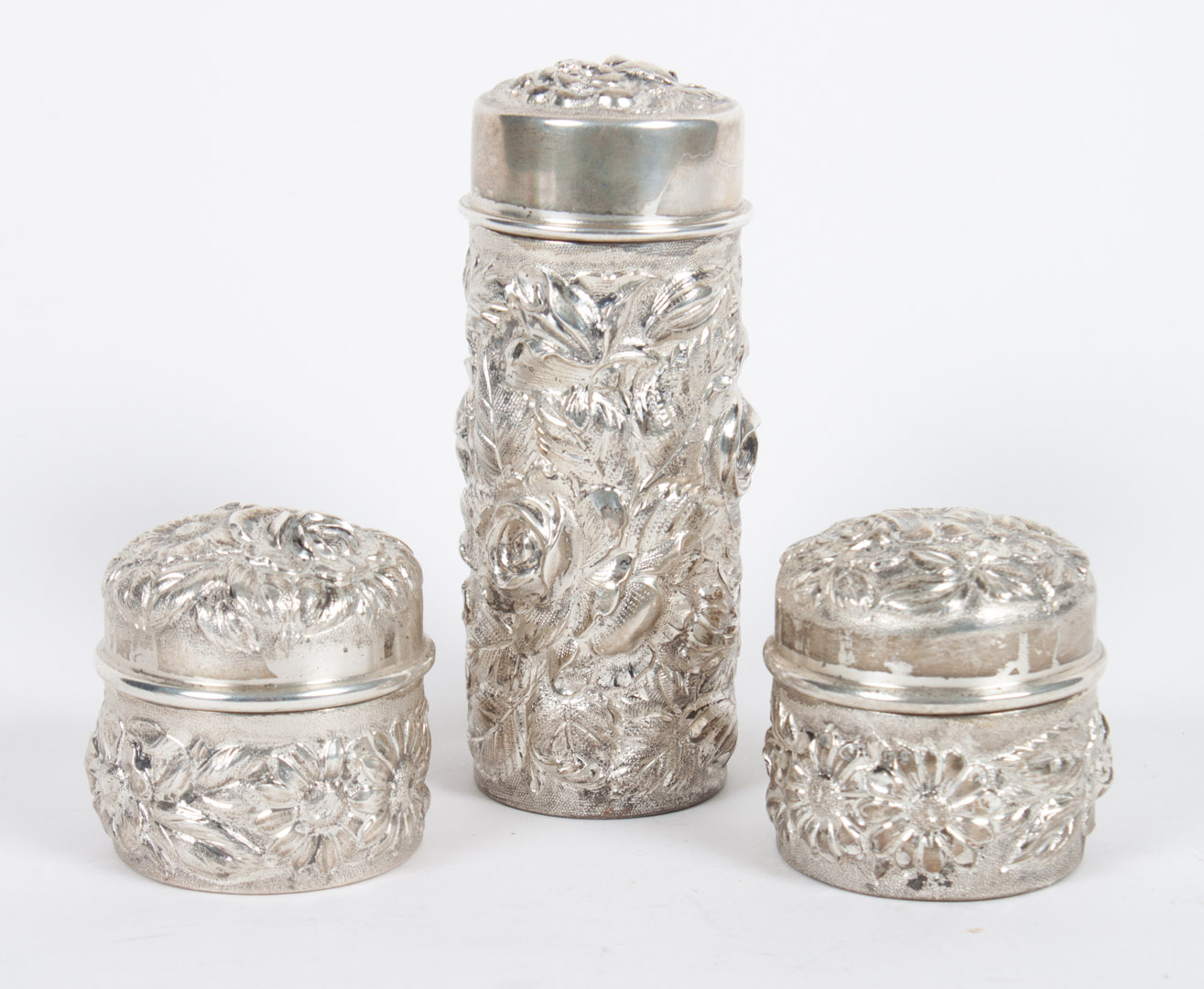 Appraisal: Pr of Stieff repousse sterling silver powder jars together with