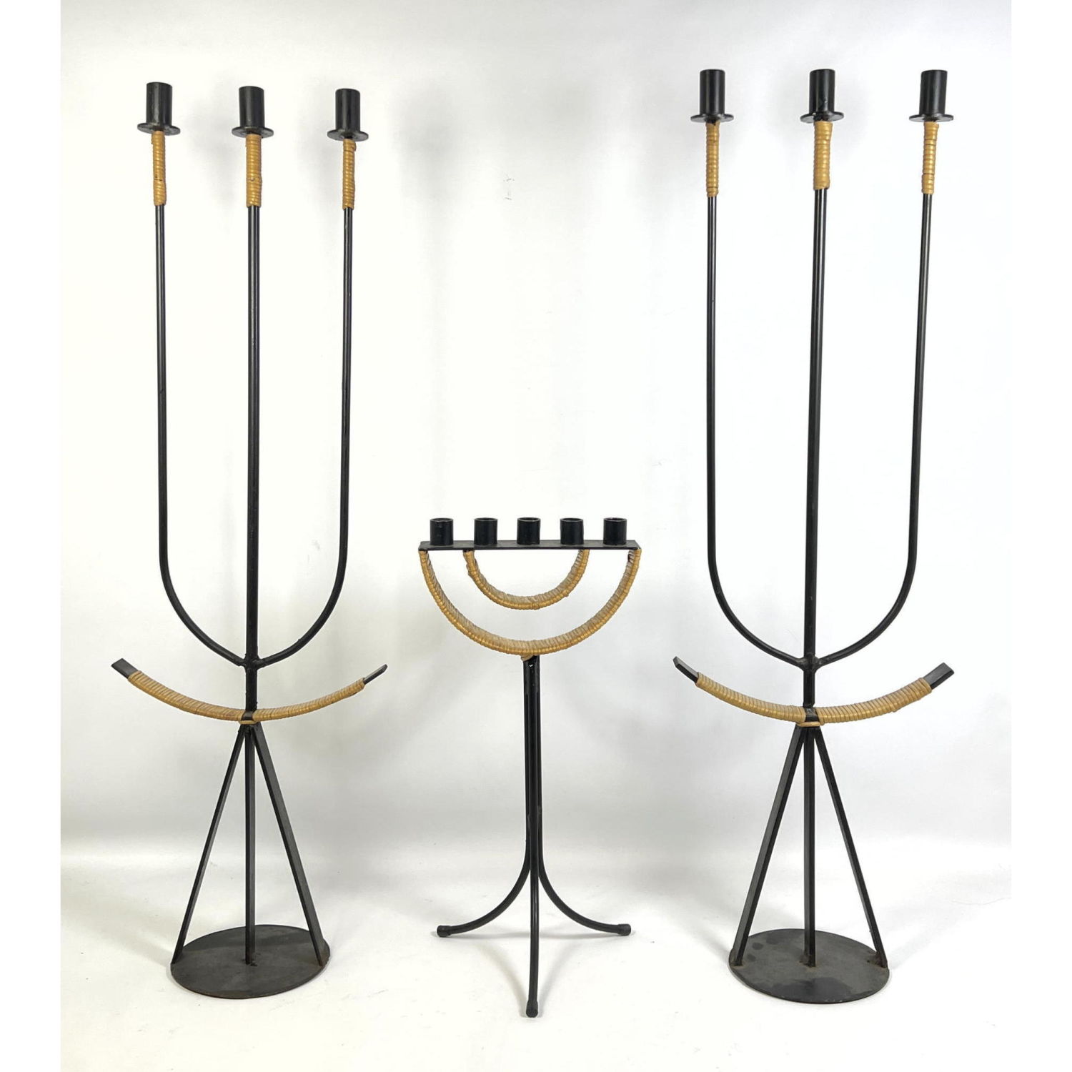 Appraisal: Arthur Umanoff Candelabras Wicker and Iron Pair Floor Candelabras Dimensions