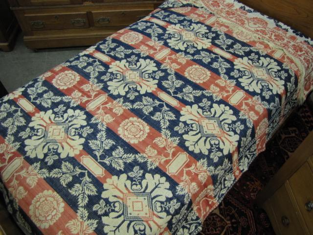 Appraisal: Mid th century tri-color jacquard coverlet undated and unsigned in