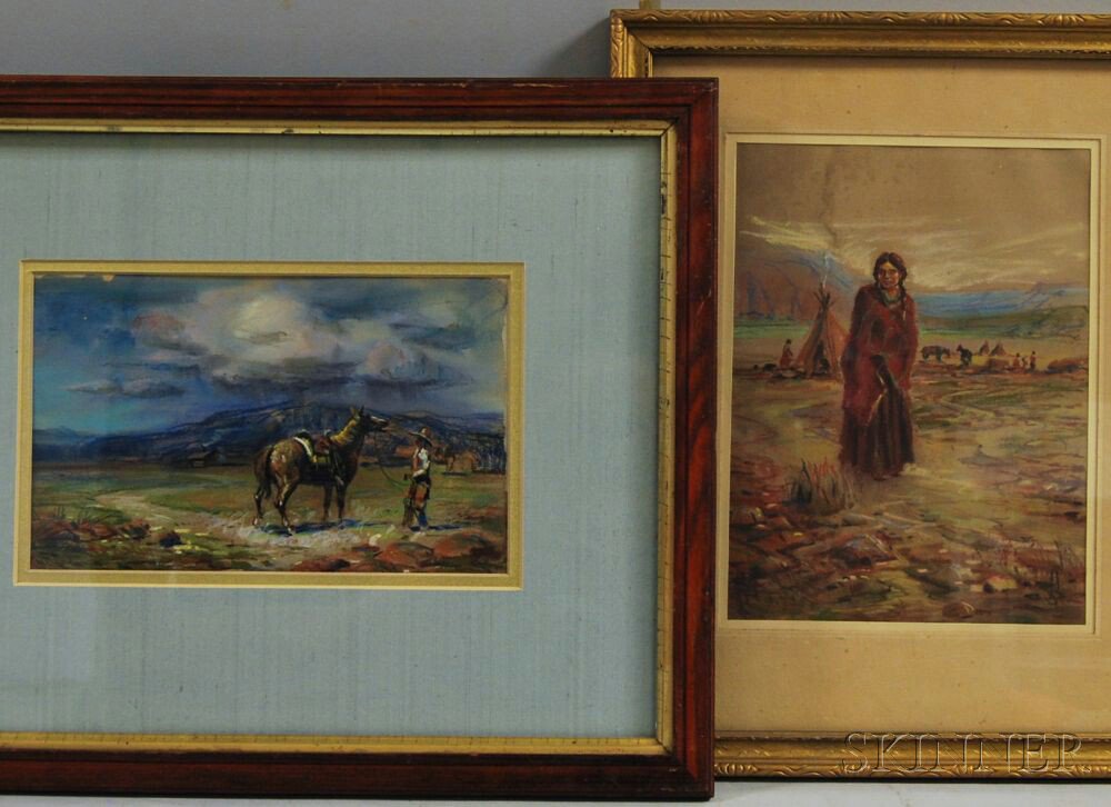 Appraisal: American School th Century Two Works Cowboy with Horse and