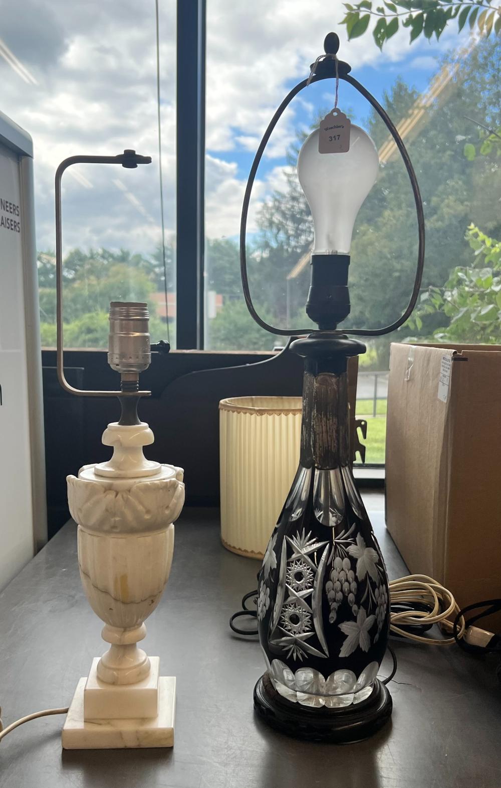 Appraisal: ITALIAN CARVED ALABASTER BASE LAMP AND A BOHEMIAN CRYSTAL DECANTER