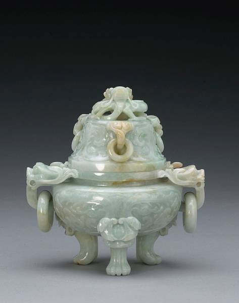 Appraisal: A green jadeite covered censer Raised on three cabriole legs