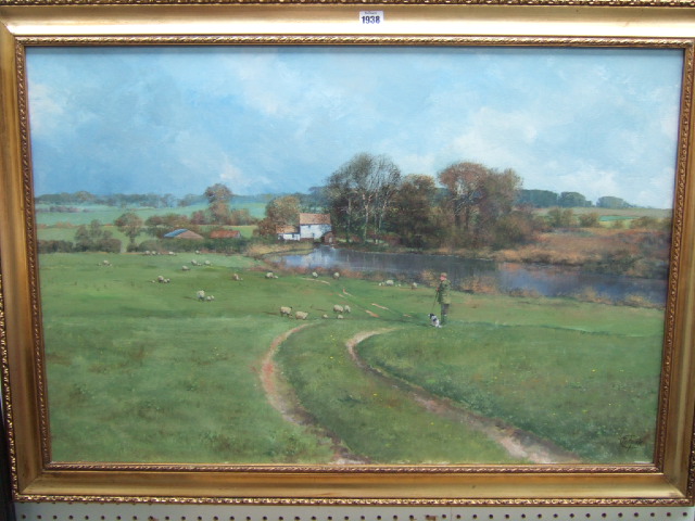 Appraisal: Clive Madgwick b Shepherd and sheep on a riverbank oil