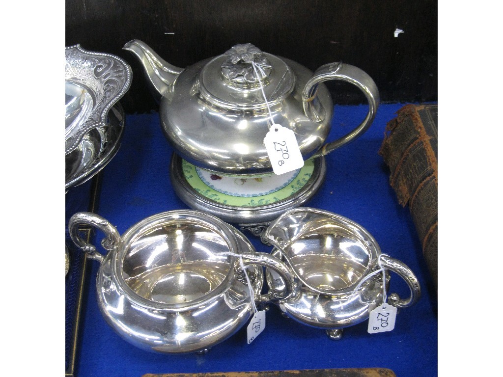 Appraisal: Lot comprising three piece EP tea service and a pot