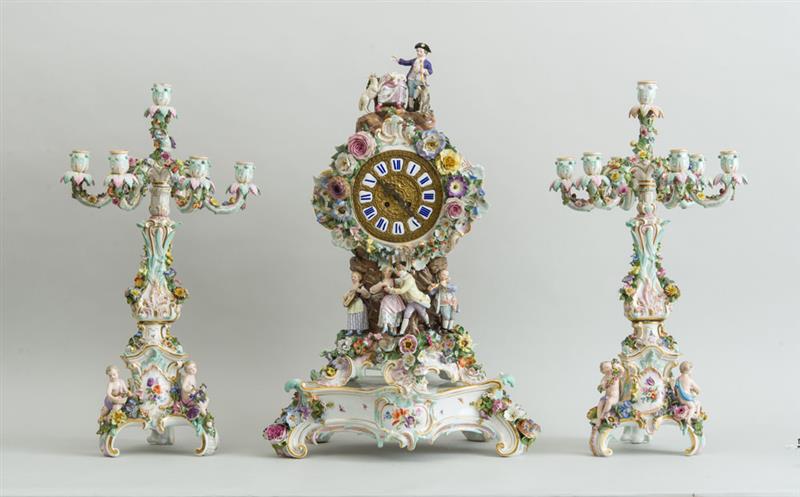 Appraisal: ASSEMBLED MEISSEN PORCELAIN THREE-PIECE CLOCK GARNITURE Marked with underglaze blue