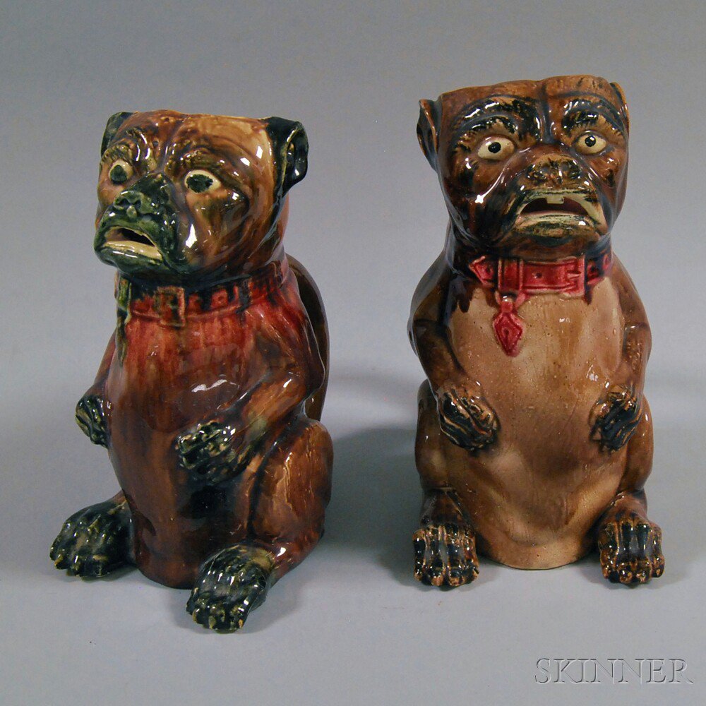 Appraisal: Two Majolica Figural Pug Pitchers th century ht to in