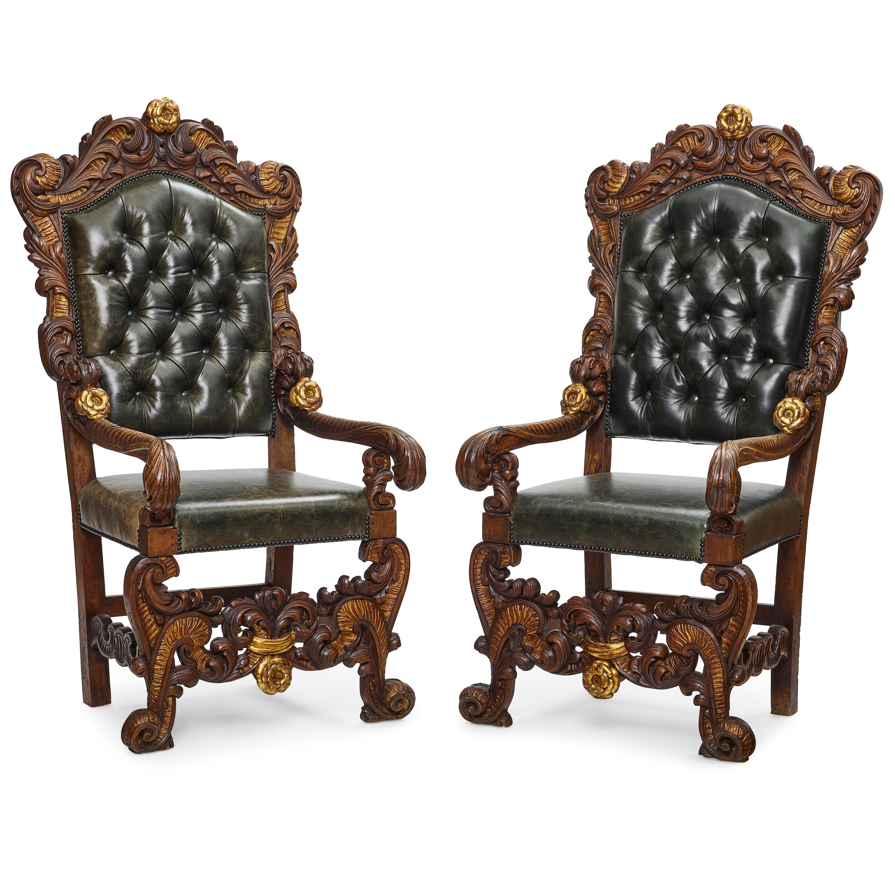 Appraisal: A PAIR OF RENAISSANCE REVIVAL STYLE PARCEL-GILT CARVED WALNUT FAUTEUILS