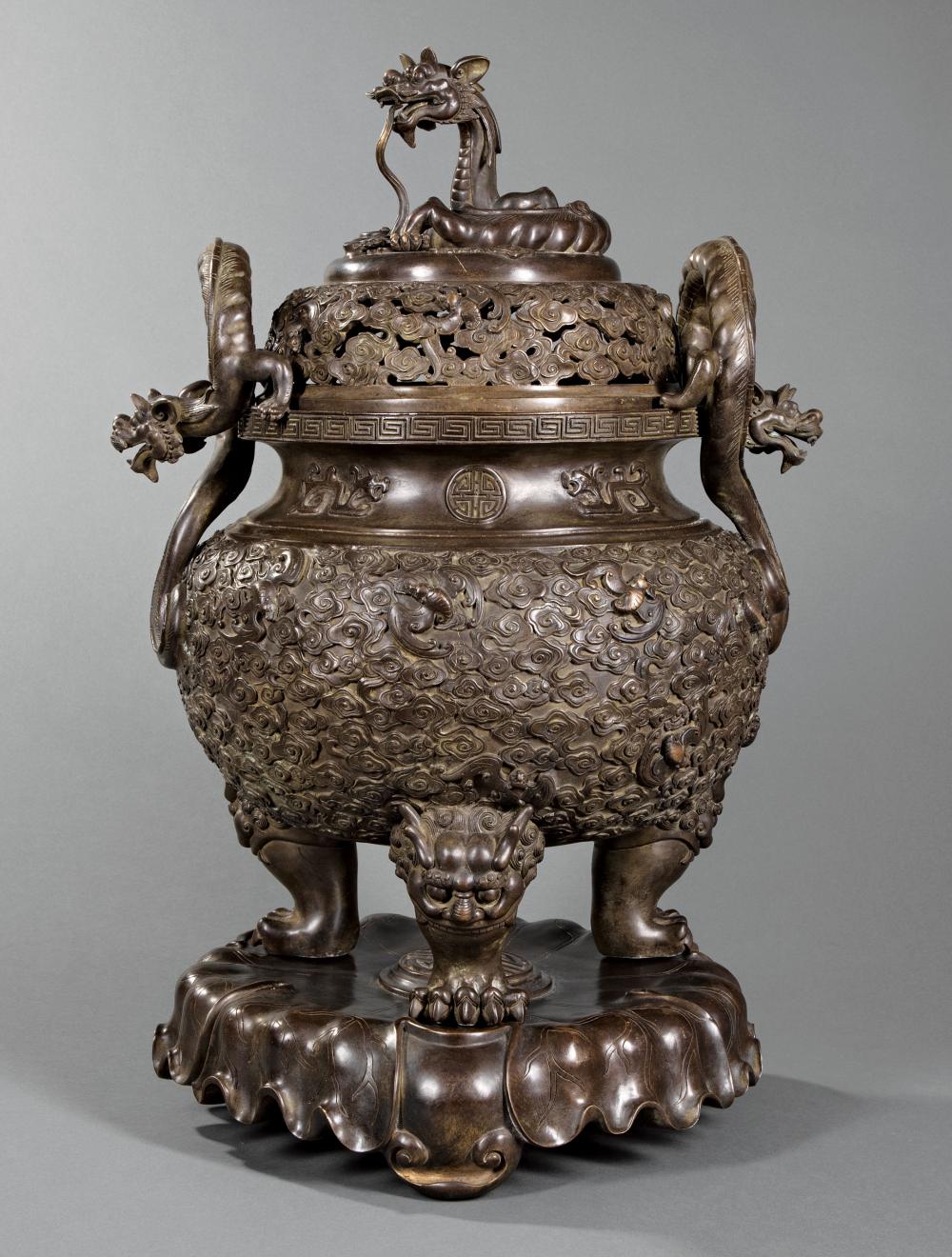 Appraisal: Impressive Chinese Patinated Bronze Covered Tripod Censer on Lotus Stand