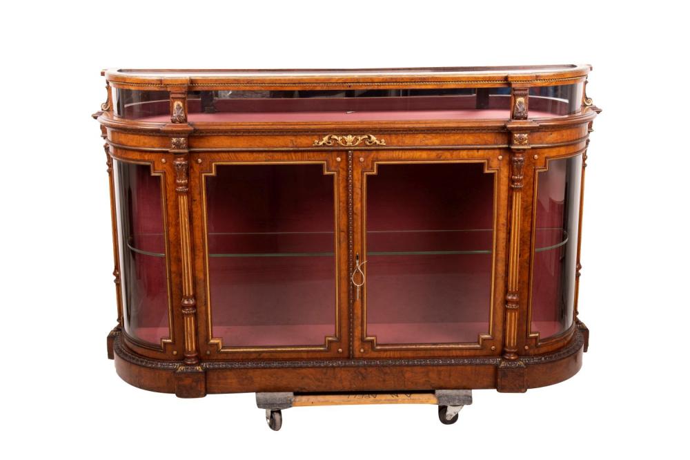 Appraisal: FRENCH BURL WALNUT PARCEL GILT DISPLAY CABINET inches wide inches