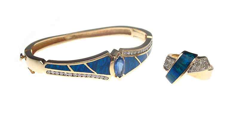 Appraisal: OPAL DIAMOND AND TANZANITE BRACELET AND RING K yellow gold