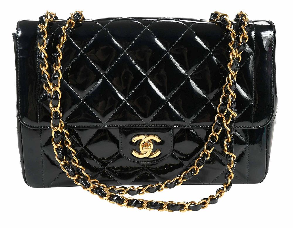 Appraisal: Chanel Quilted Bag black patent leather gold tone hardware rear