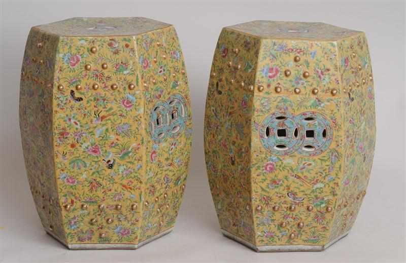 Appraisal: PAIR OF CHINESE YELLOW-GROUND FAMILLE ROSE HEXAGONAL BARREL-FORM GARDEN SEATS