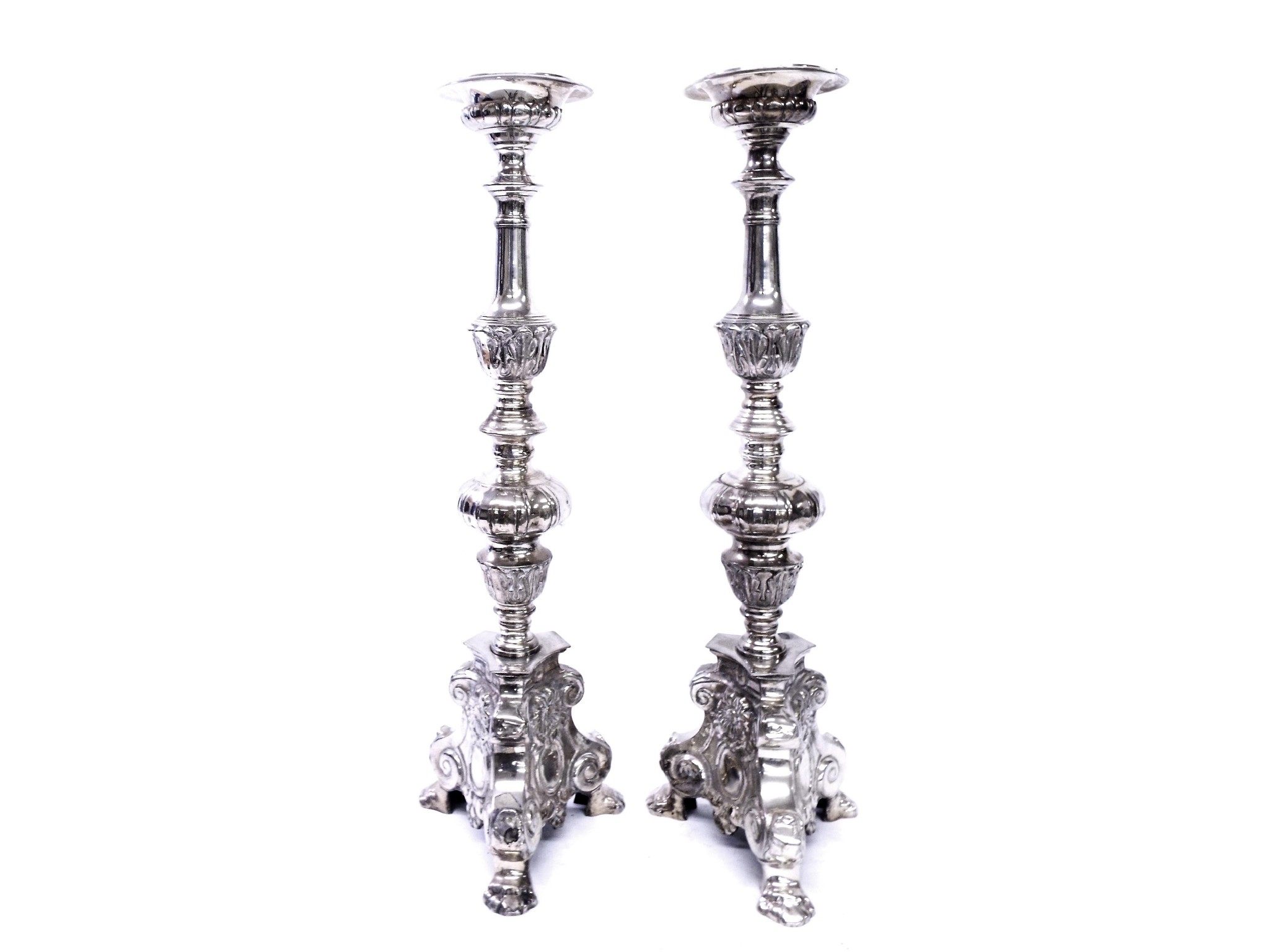 Appraisal: Large pair of Rococo style silver plated candlesticks with trefoil