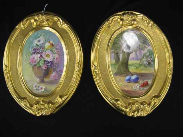 Appraisal: Pair of Handpainted Porcelain Plaques landscape floral still life gold