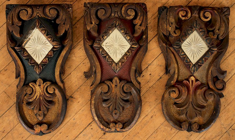 Appraisal: THREE CARVED WOOD CARNIVAL PLAQUES GLASS MIRRORS A lot of