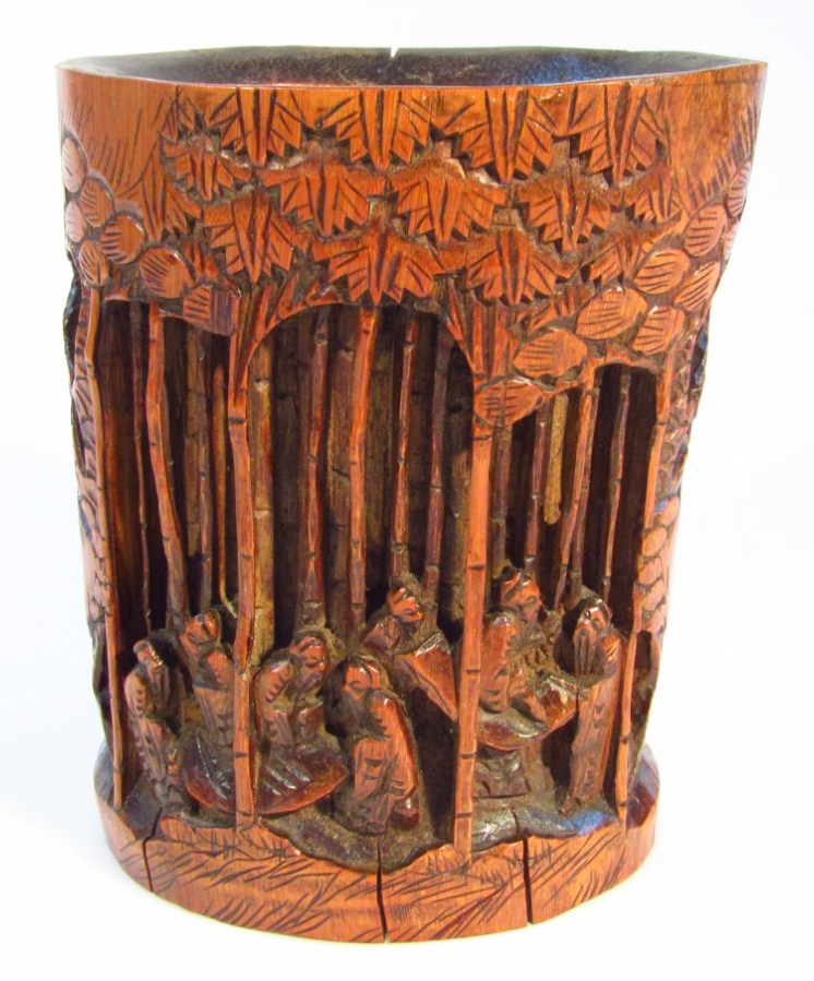 Appraisal: A thC Chinese bamboo brush pot the oval body profusely