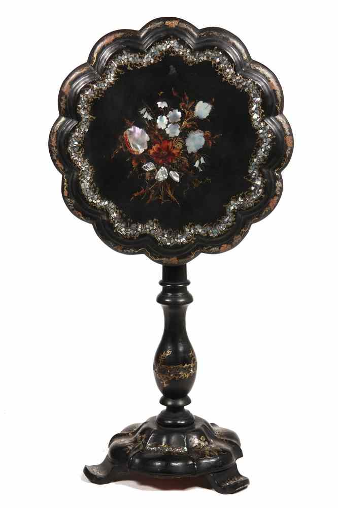 Appraisal: VICTORIAN PAPIER MACHE TABLE - Tilt-Top Victorian Lacquered Papier Mache