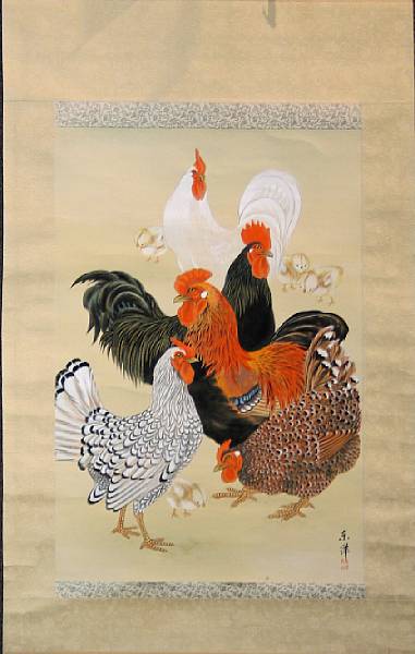 Appraisal: A hanging scroll depicting roosters Taisho Showa Period Ink and