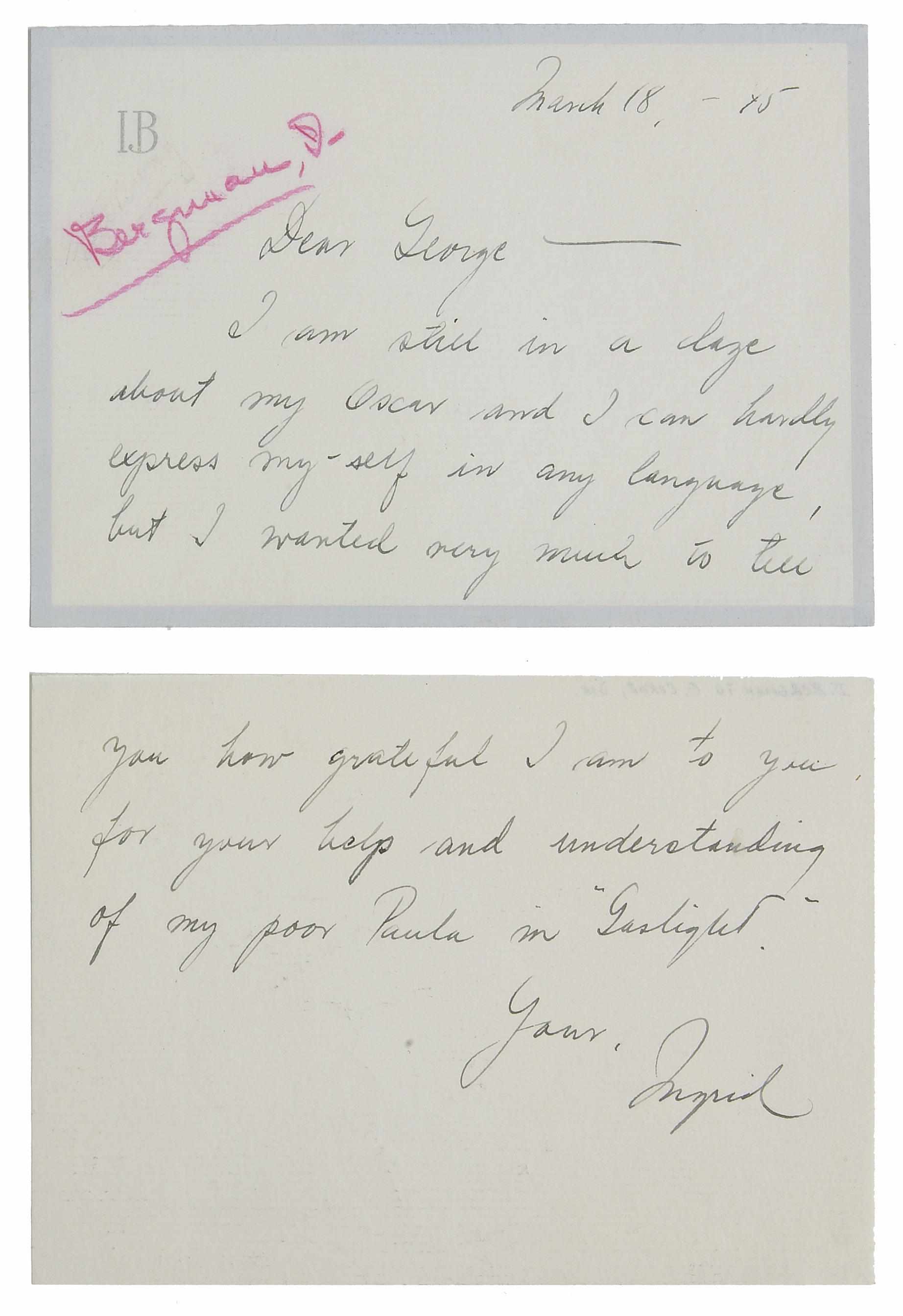 Appraisal: BERGMAN INGRID - Autograph Manuscript pp recto and verso to