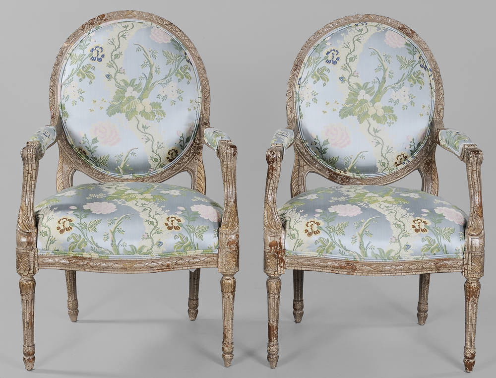 Appraisal: Pair Louis XVI Style Paint-Decorated Fauteuils modern carved frames with