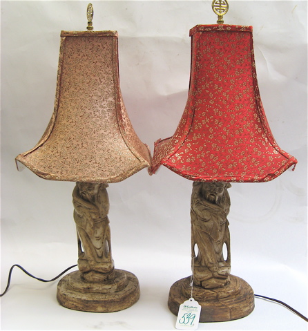 Appraisal: PAIR CHINESE FAUX SOAPSTONE FIGURAL TABLE LAMPS of a standing