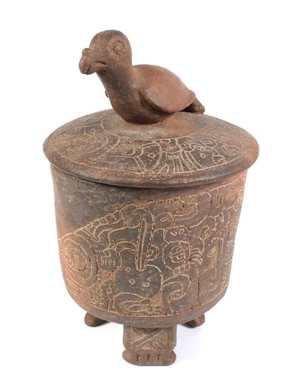 Appraisal: PRE-COLUMBIAN BIRD BOWL LID KARKASHIAN ESTATETripod bird bowl with incised