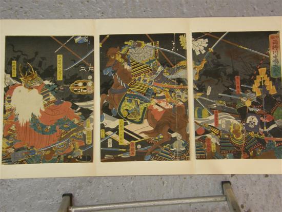 Appraisal: Japanese triptych woodblock print depicting figures in a battle scene