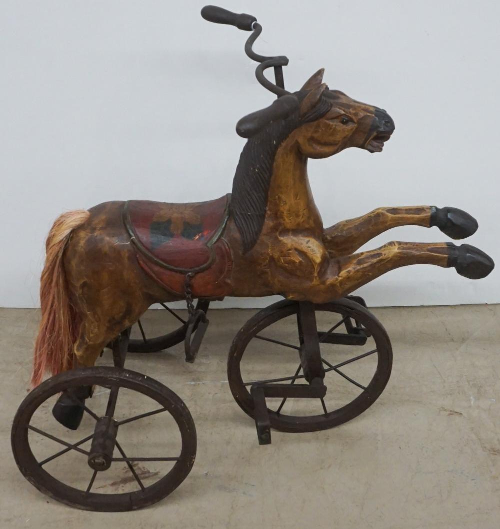 Appraisal: RUSTIC WOOD HORSE-FORM TRICYCLE H IN CM Rustic Wood Horse-Form