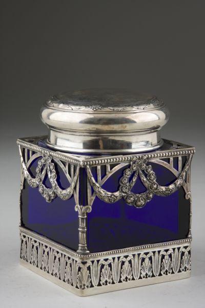 Appraisal: Silver Cobalt Glass Tea Caddy German ca s square form