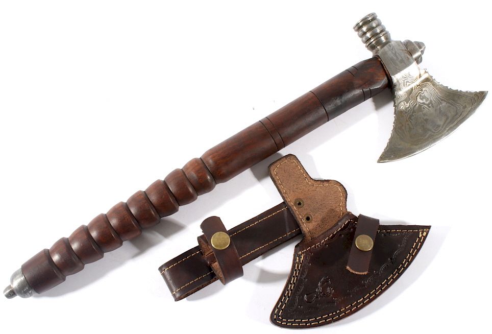 Appraisal: Forged Damascus Steel Pipe Tomahawk Featured in this lot is