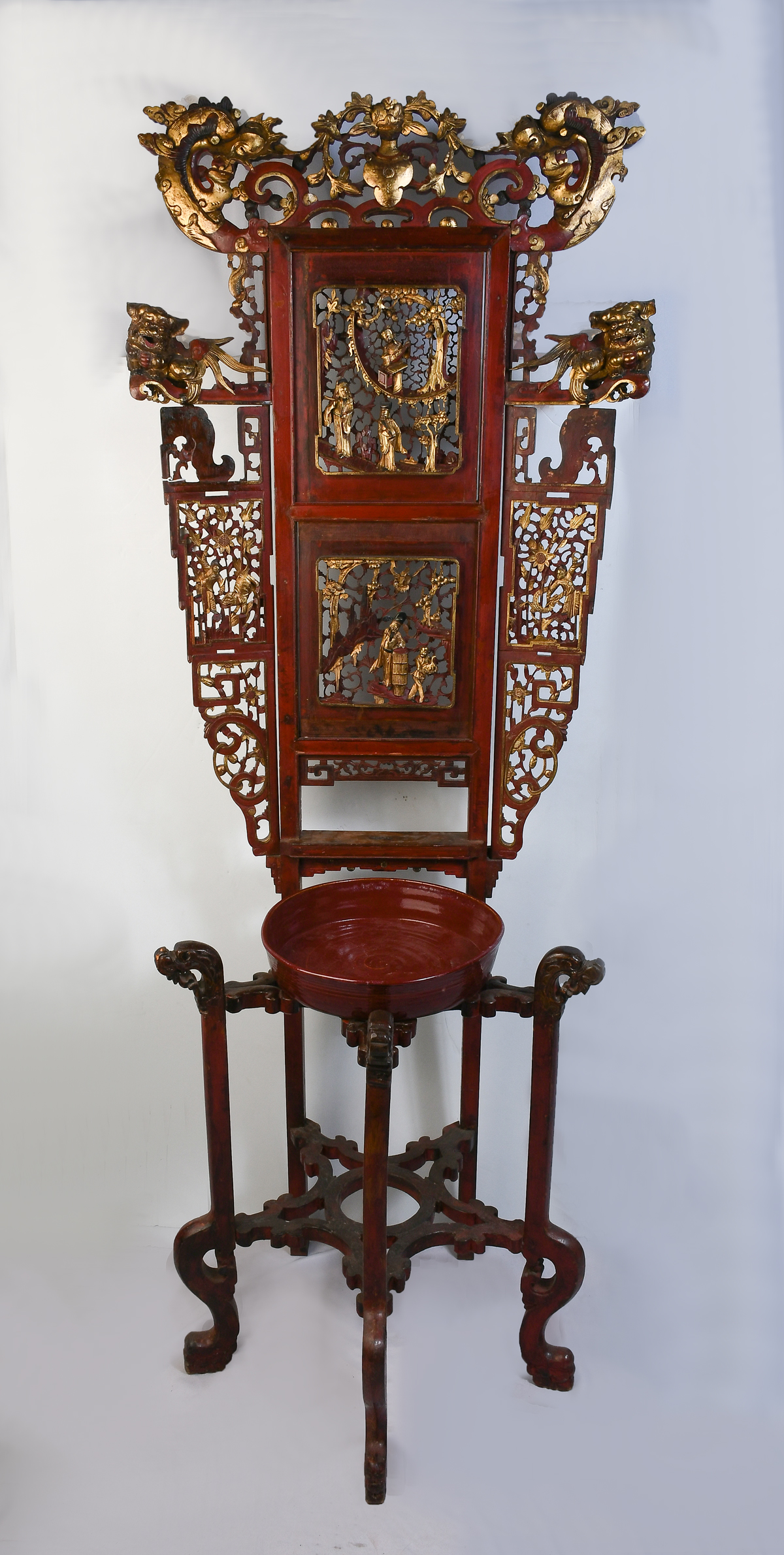 Appraisal: HEAVILY CARVED LACQUERED CHINESE WASH STAND Elaborately carved pierced Chinese