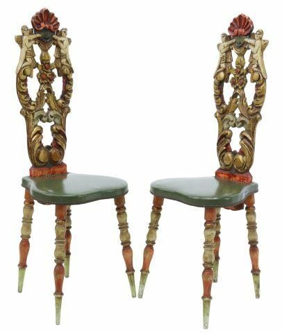 Appraisal: pair Polychrome hall chairs early th c having shell crest