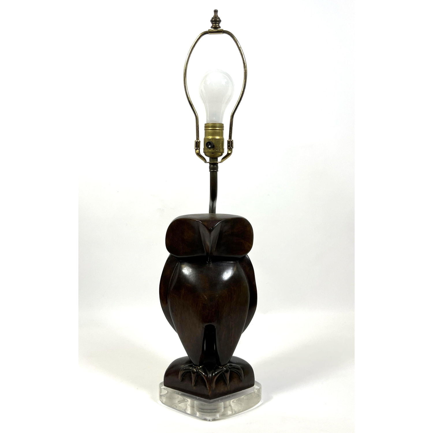 Appraisal: Figural Abstract Owl form Table Lamp Carved wood Lucite base