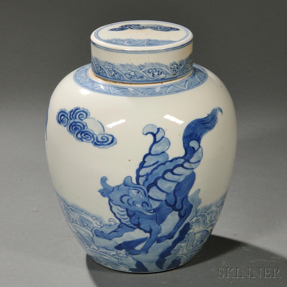 Appraisal: Blue and White Porcelain Covered Ginger Jar Asia decorated about