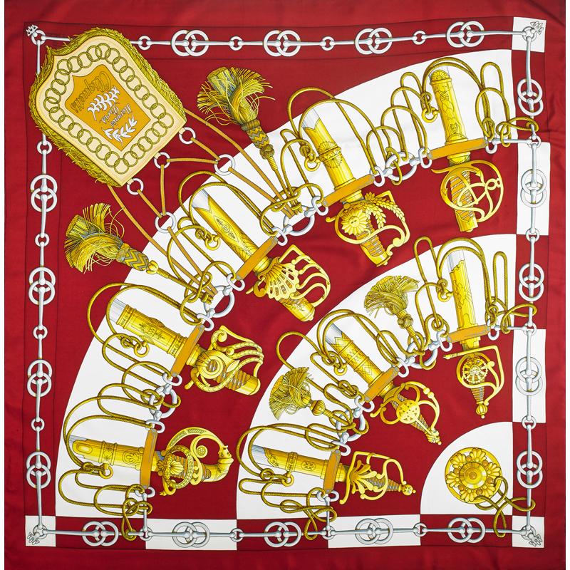 Appraisal: HERMES SILK CLIQUETIS SCARF Burgundy and gold by Julia Abadie