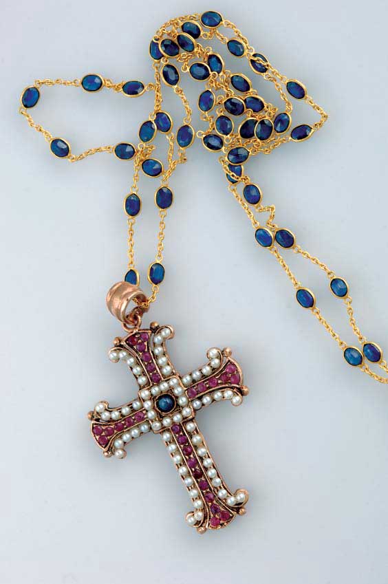 Appraisal: SAPPHIRE RUBY AND PEARL CROSS PENDANT Antique style gilt Sterling